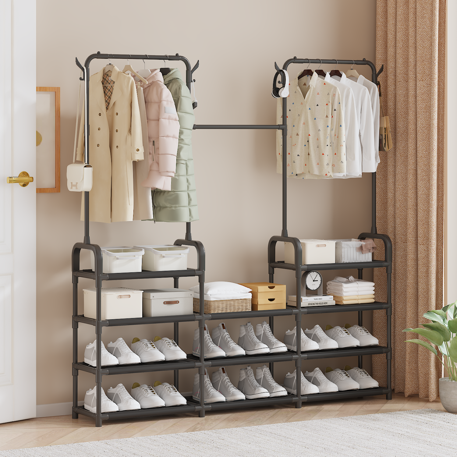3-Tier Wardrobe Closet Oragnizer, Hanging Clothes Storage Rack, Iron Clothes and Shoes Rack For Bedroom And Entryway 3-Tier Wardrobe Closet Oragnizer, Hanging Clothes Storage Rack, Iron Clothes and Shoes Rack For Bedroom And Entryway